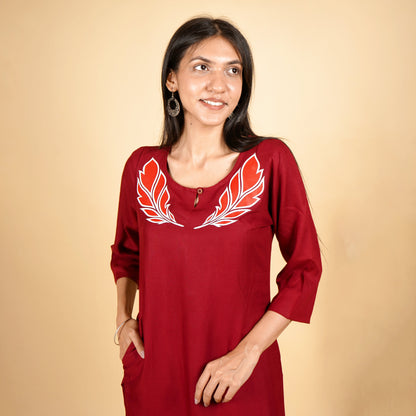 Fringe Feather Pattern Long Kurti for Women