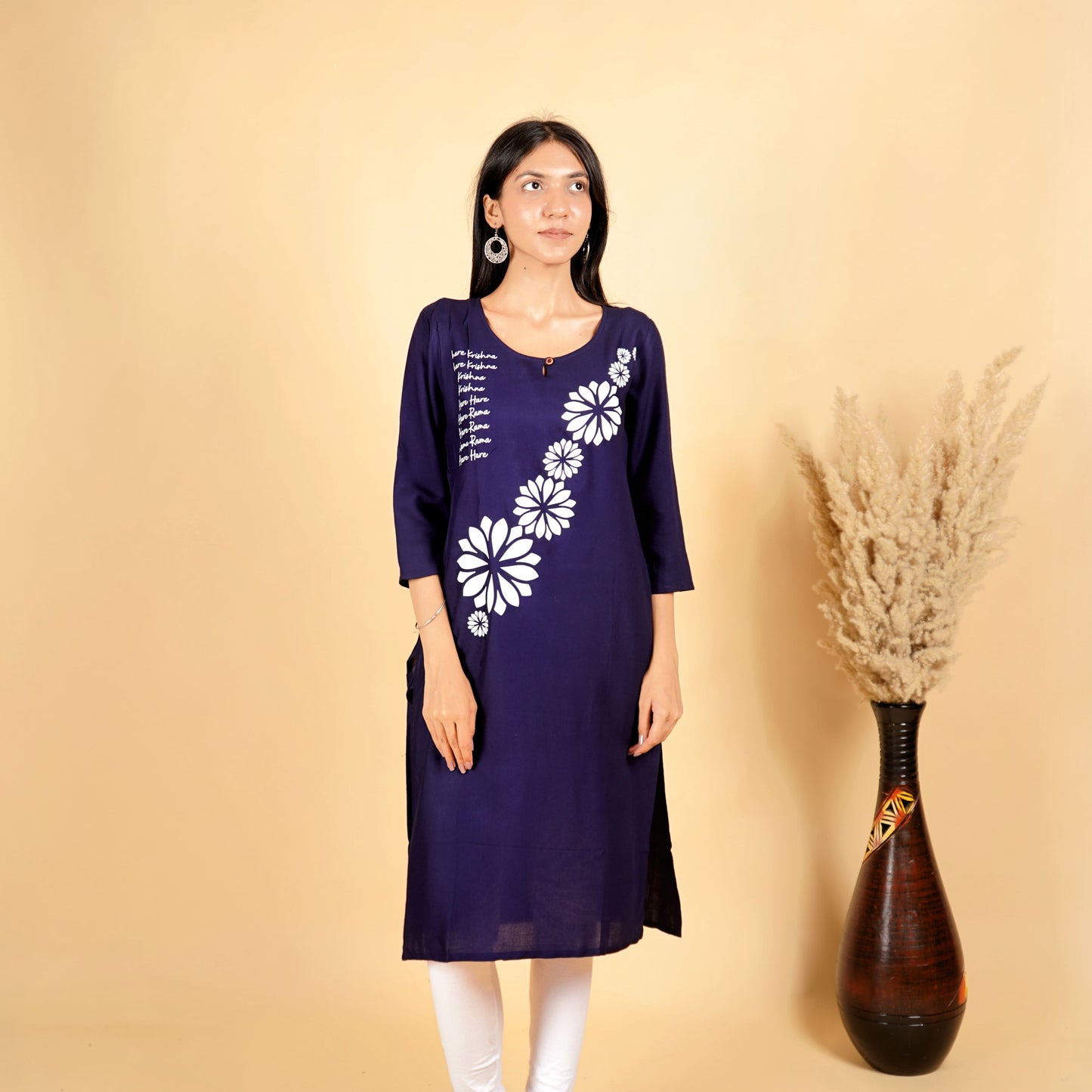 Hare Krishna Hare Ram Long Kurti for Women Navy Blue