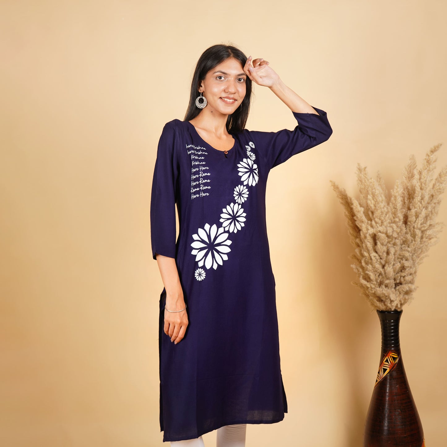 Hare Krishna Hare Ram Long Kurti for Women Navy Blue