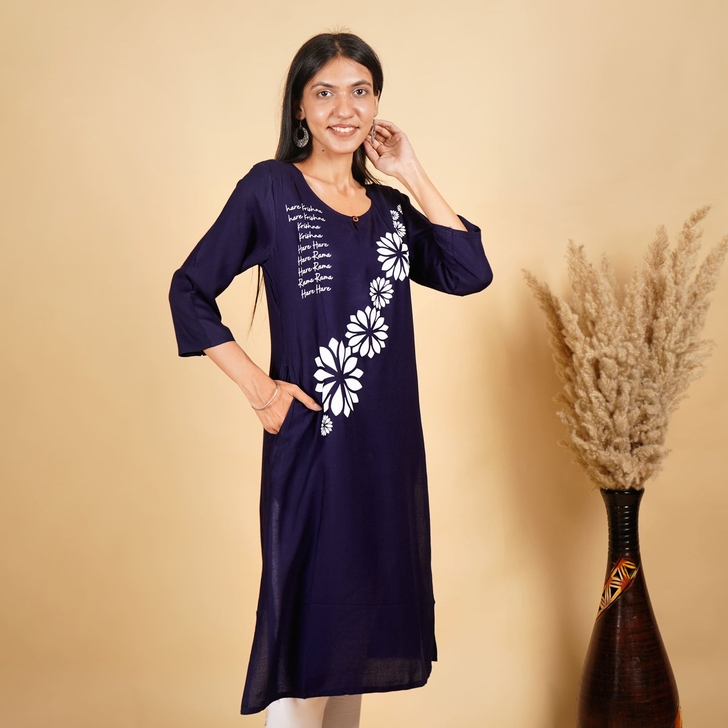 Hare Krishna Hare Ram Long Kurti for Women Navy Blue