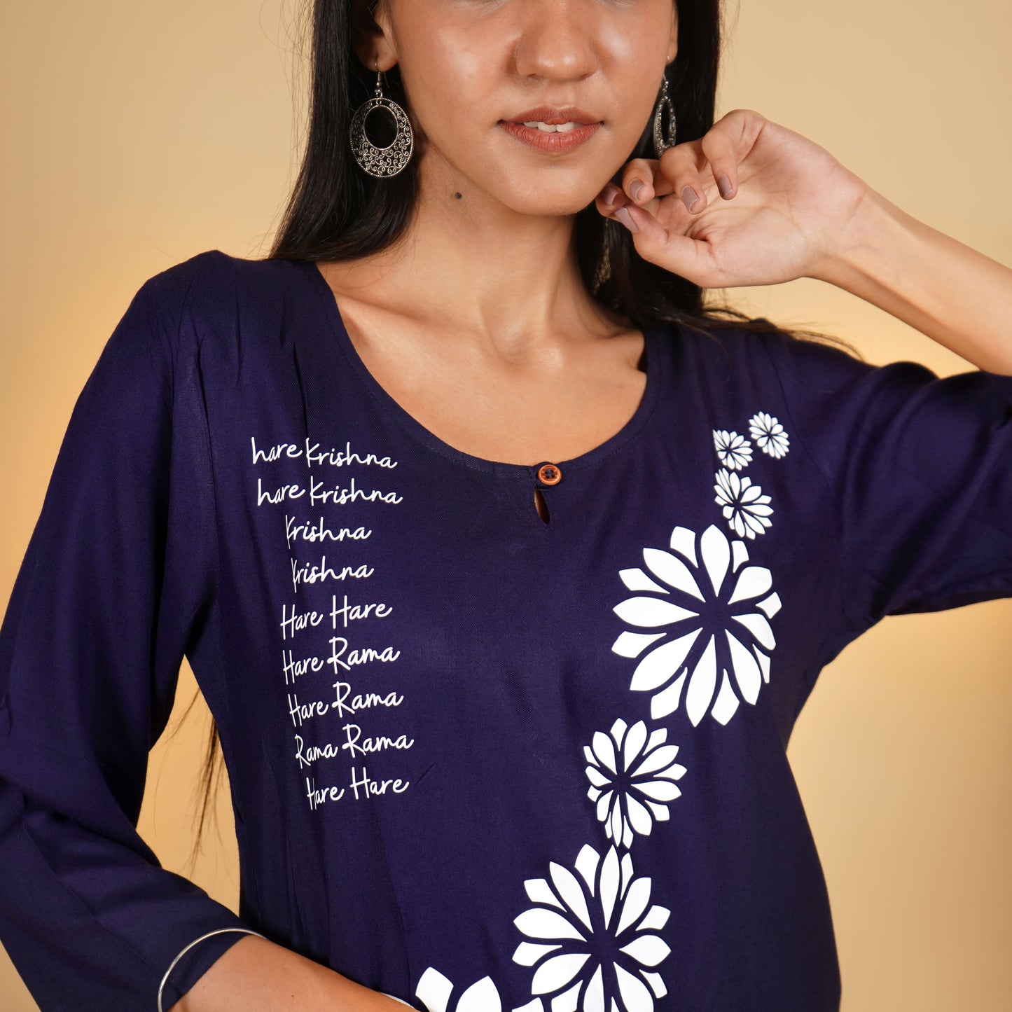 Hare Krishna Hare Ram Long Kurti for Women Navy Blue