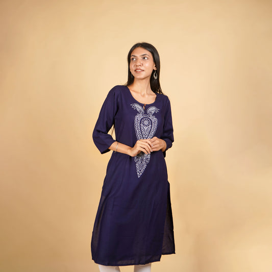 Floral Pattern Long Kurti for Womens Navy Blue