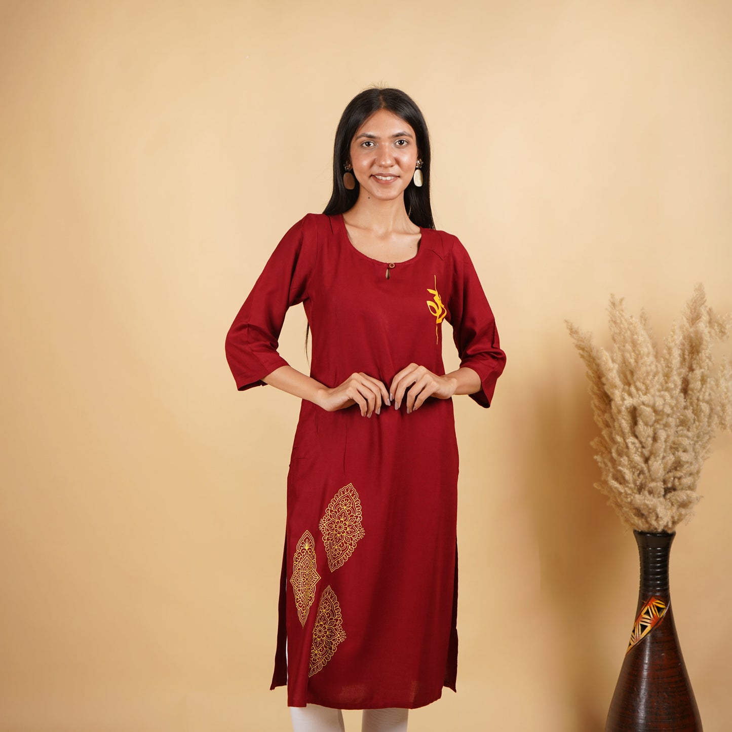 Om with Floral Pattern Maroon Long Kurti for Women