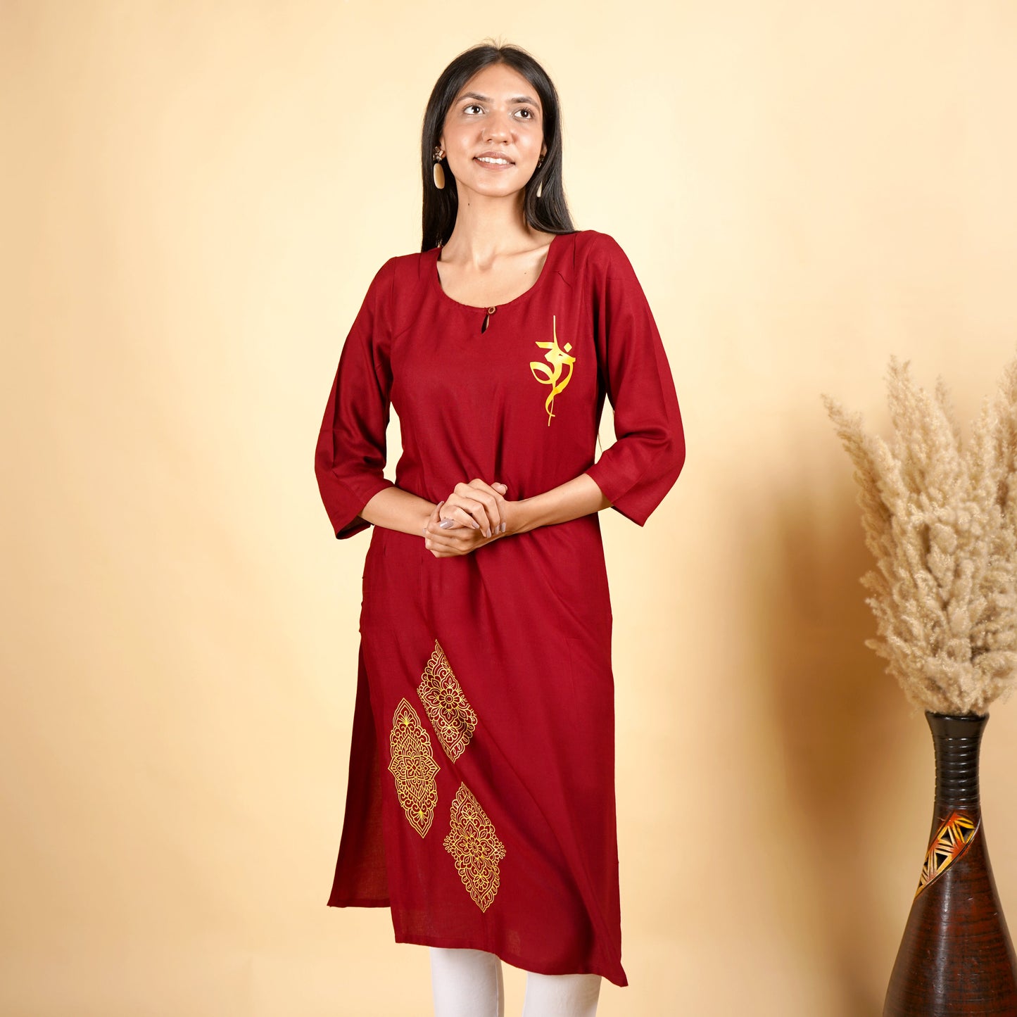 Om with Floral Pattern Maroon Long Kurti for Women