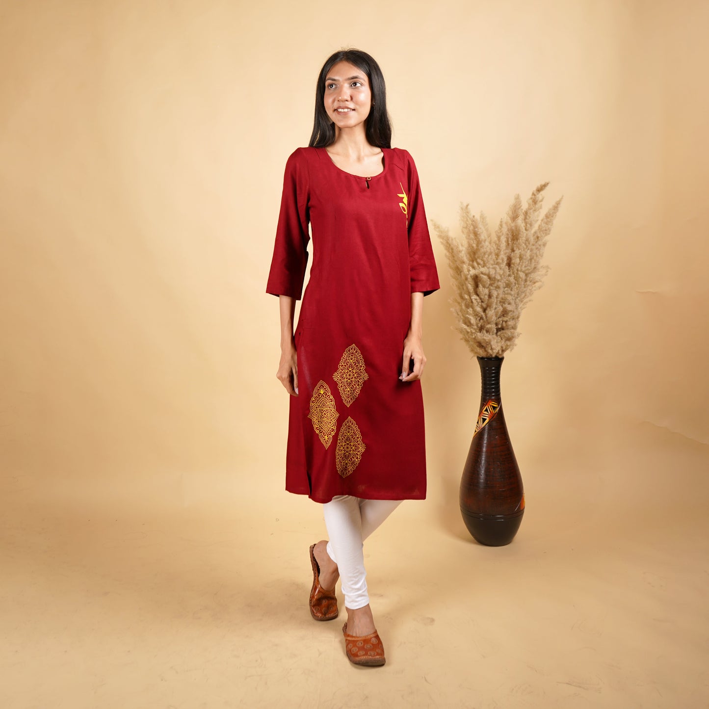 Om with Floral Pattern Maroon Long Kurti for Women