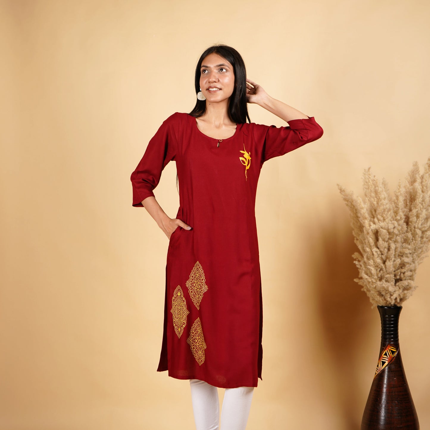 Om with Floral Pattern Maroon Long Kurti for Women