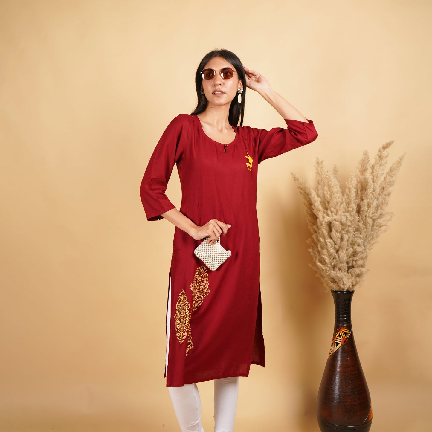 Om with Floral Pattern Maroon Long Kurti for Women