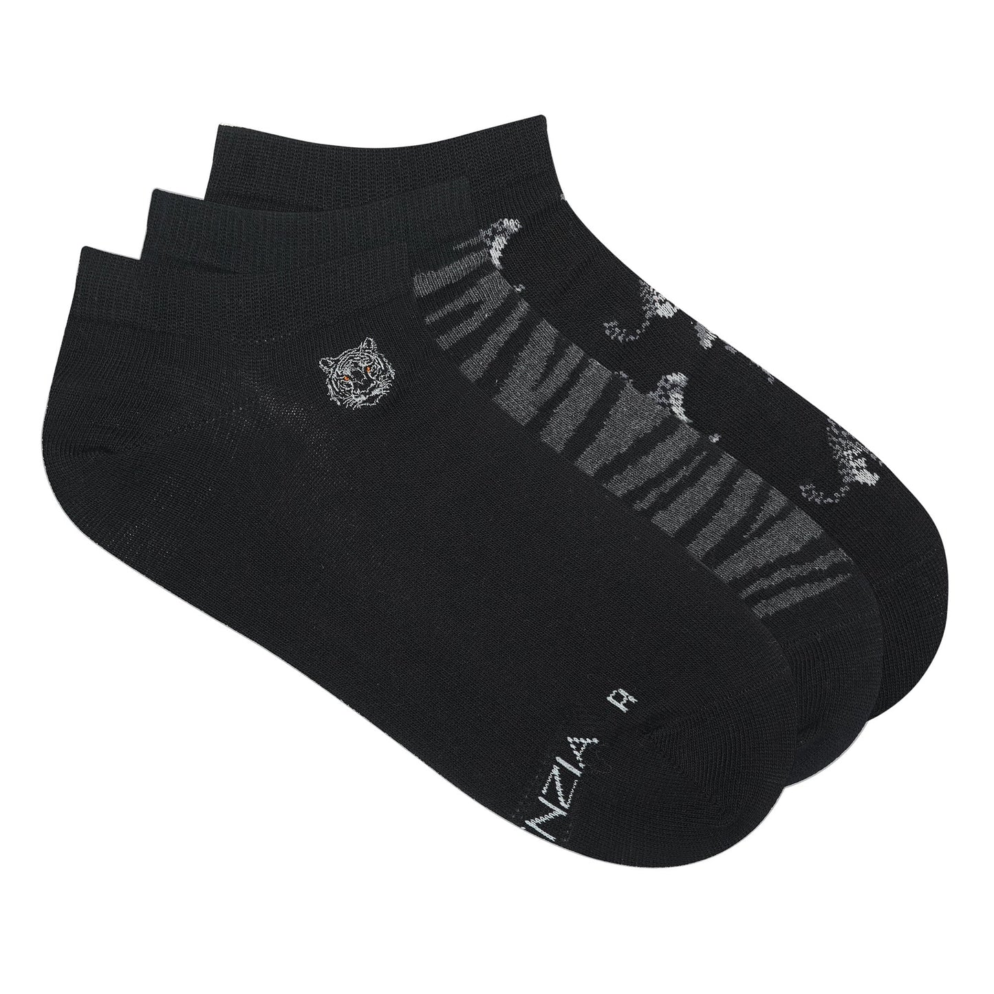 BALENZIA MENS WWF-INDIA BLACK LOWCUT SOCKS  3-PACK  TIGER PRINT  EMBROIDERY  FREE SIZE