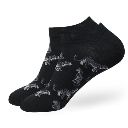 BALENZIA MENS WWF-INDIA BLACK LOWCUT SOCKS  3-PACK  TIGER PRINT  EMBROIDERY  FREE SIZE