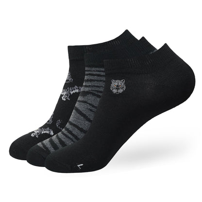 BALENZIA MENS WWF-INDIA BLACK LOWCUT SOCKS  3-PACK  TIGER PRINT  EMBROIDERY  FREE SIZE