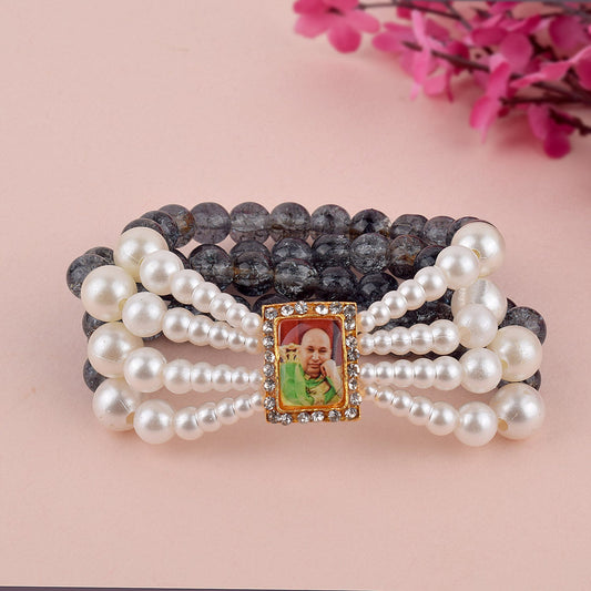 Crystal Grey Beads Four Layer  White Pearl Bracelet with Jai Guruji Swaroop