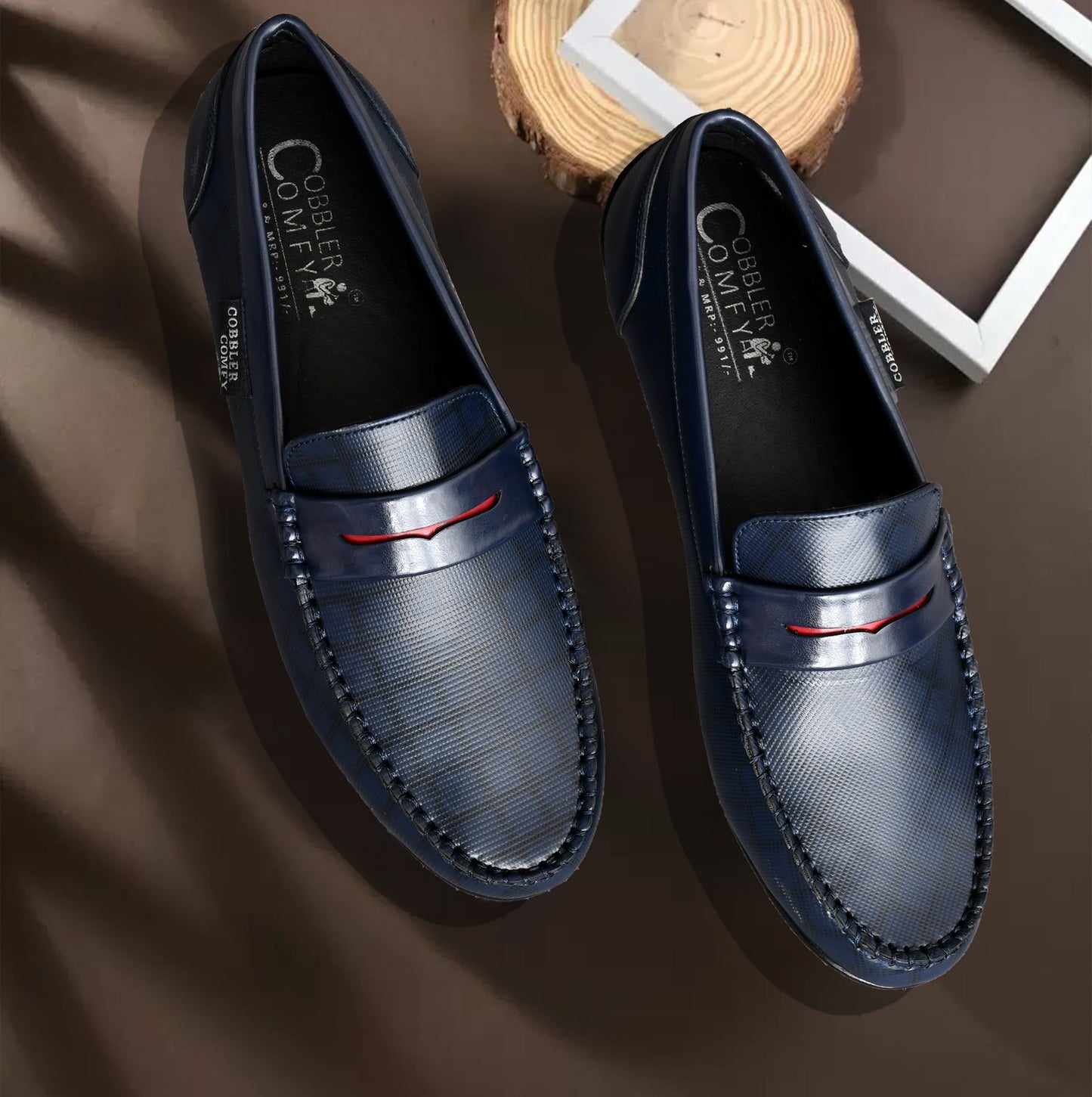 Classic Moccasins with Stylish Check Pattern  Navy Blue