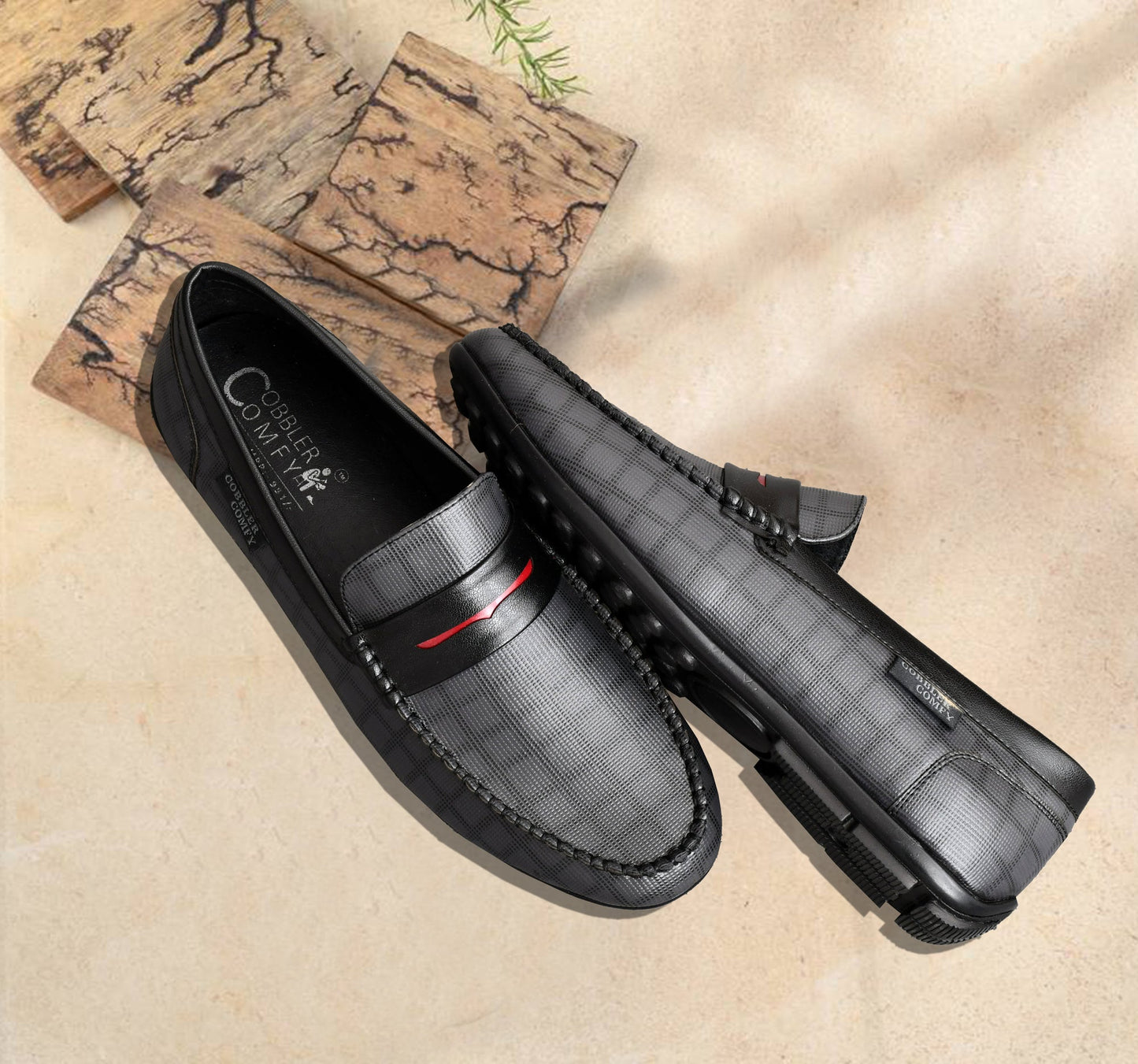 Classic Moccasins with Stylish Check Pattern  Grey