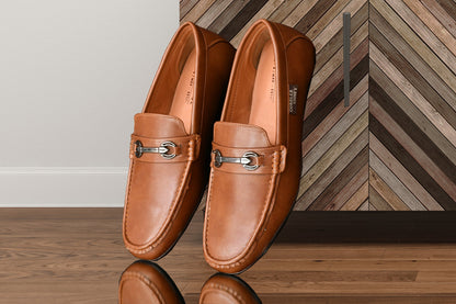 Matte Look Moccasins for Men with Metallic Buckle  Tan