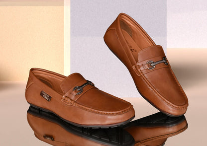 Matte Look Moccasins for Men with Metallic Buckle  Tan