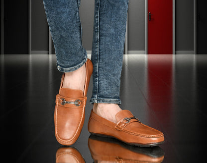 Matte Look Moccasins for Men with Metallic Buckle  Tan