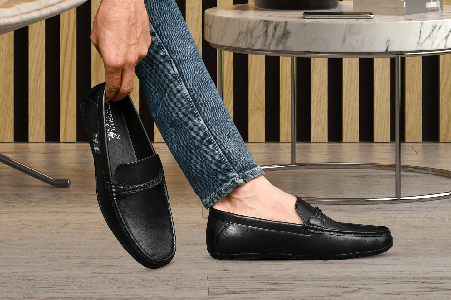 Neat Look Moccasins for Men with Braided Buckle  Black