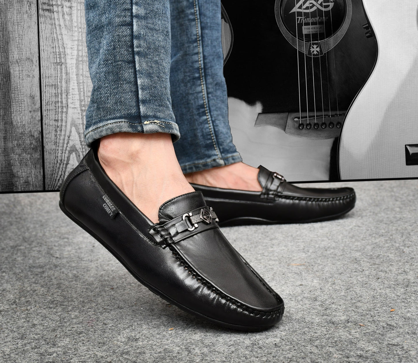 Matte Look Moccasins for Men with Metallic Buckle  Black