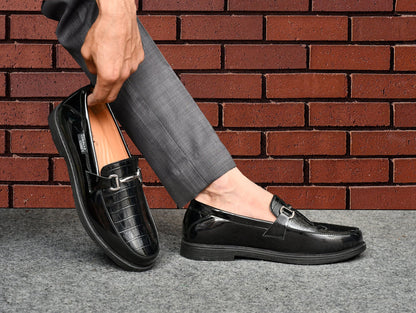 Croco Pattern Slip-on for Men with Metallic Buckle  Black