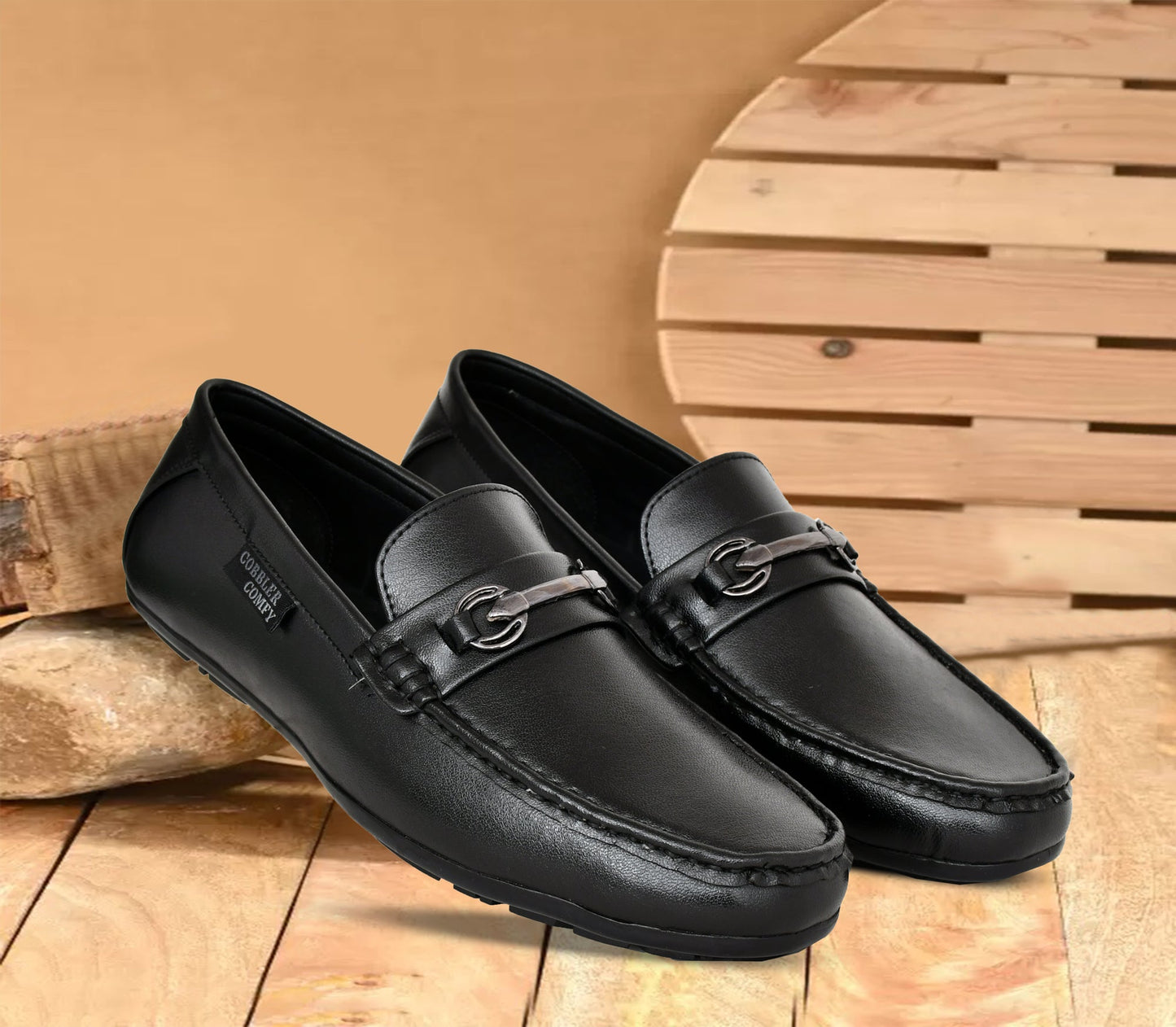 Classic Moccasins for Men with Metallic Loop Buckle  Black