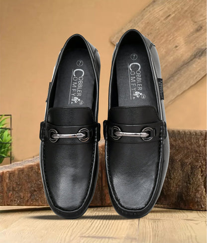 Classic Moccasins for Men with Metallic Loop Buckle  Black