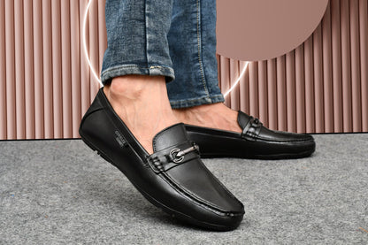 Classic Moccasins for Men with Metallic Loop Buckle  Black