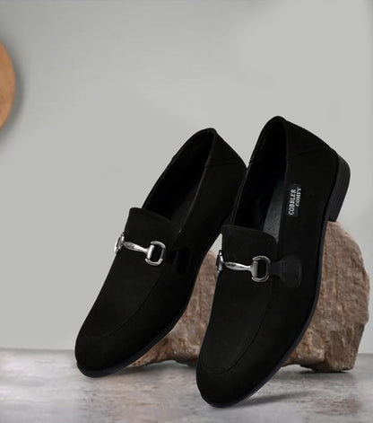 Suede Slip-on with Metallic Loop Buckle  Black