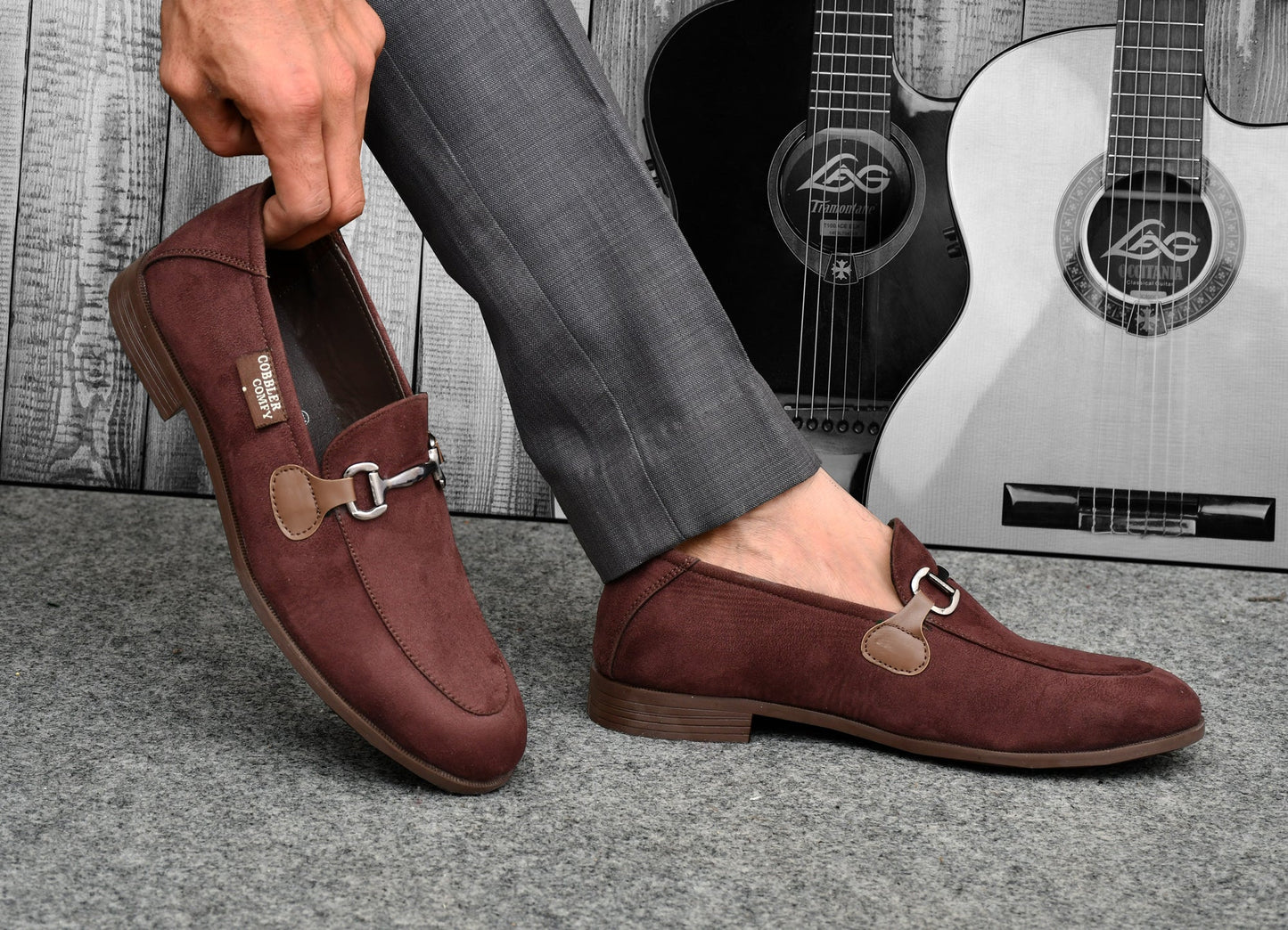 Suede Moccasins for Men with Metallic Loop Buckle  Brown