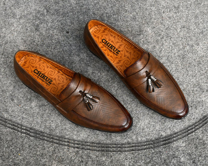 Tussled Loafers for Men with Perforated Pattern  Brown