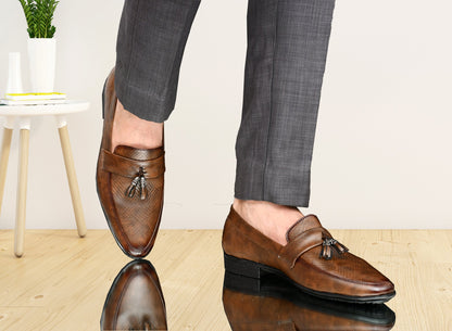 Tussled Loafers for Men with Perforated Pattern  Brown