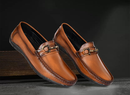 Neat Look Loafers for Men with Double Stitch  Metallic Buckle  Tan