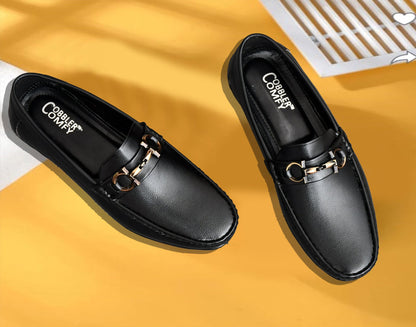 Neat Look Loafers for Men with Double Stitch  Metallic Buckle  Black