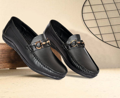 Neat Look Loafers for Men with Double Stitch  Metallic Buckle  Black