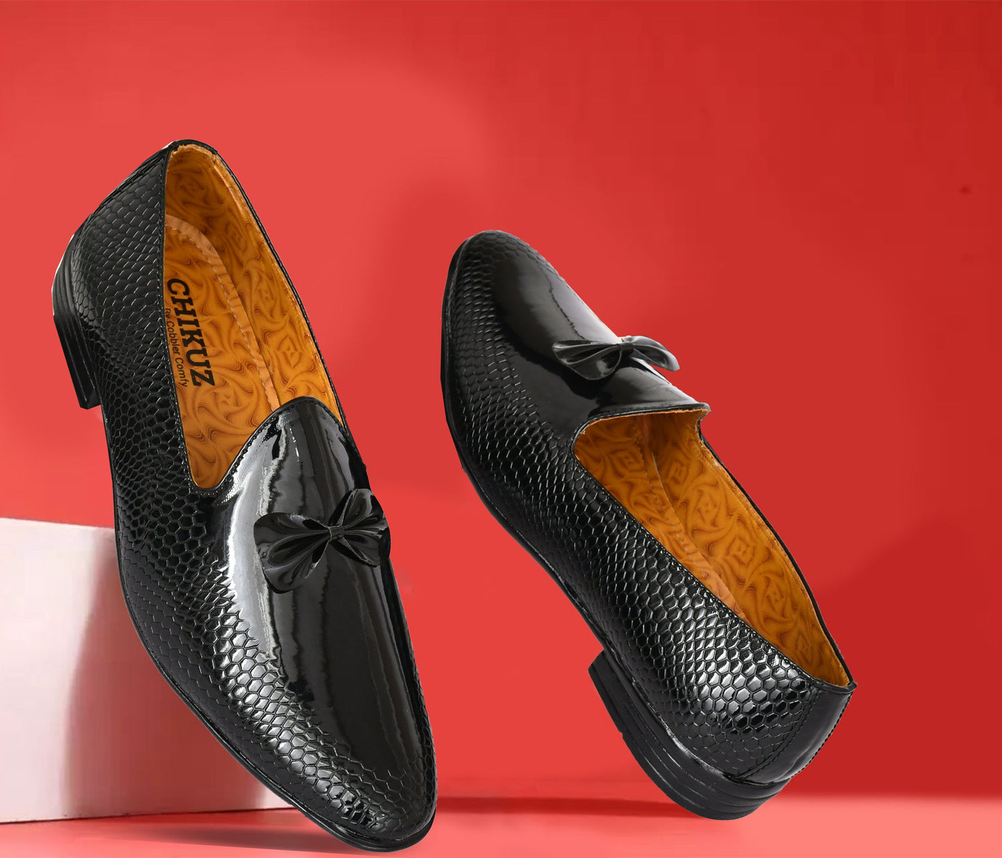 Partywear Shiny Slip-ons for Men with Bow  Embossed Pattern  Black