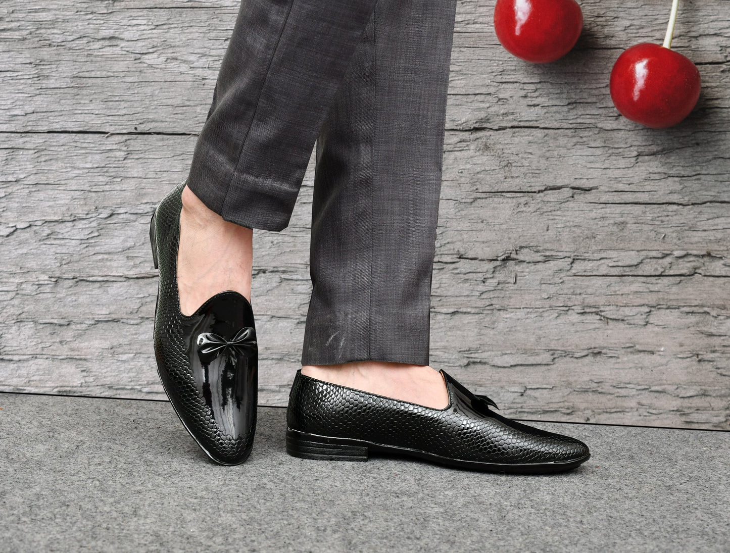 Partywear Shiny Slip-ons for Men with Bow  Embossed Pattern  Black