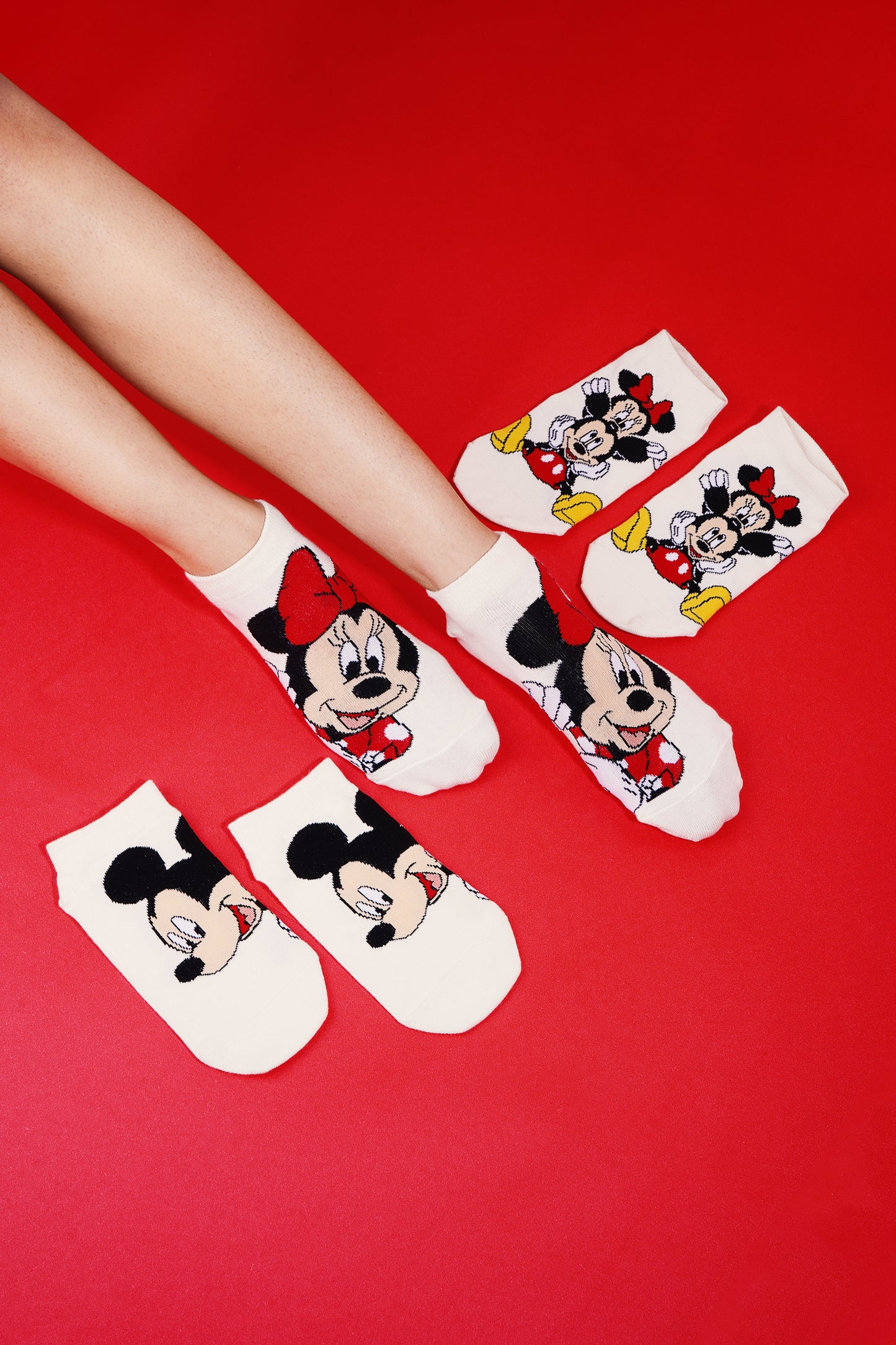 Balenzia x Disney Mickey  Minnie Themed Lowcut Socks for Women-  Pack of 3 Pairs1UFree SizeCream