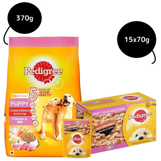 Pedigree Chicken Chunks in Gravy Pouch Puppy Wet Food and Chicken  Milk Puppy Dry Food Combo