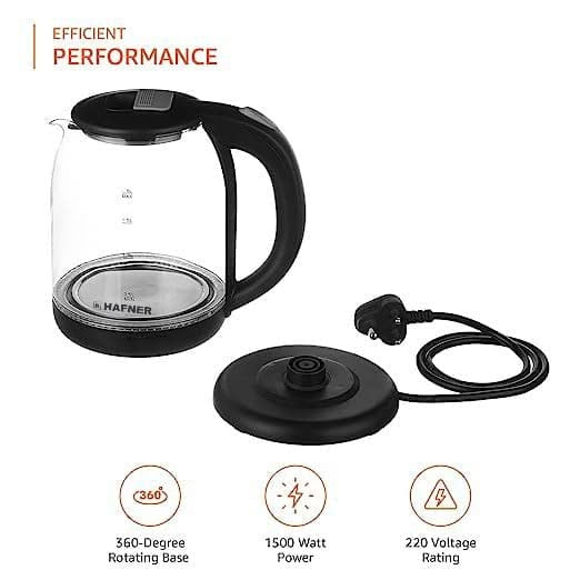 Hafner Electric Kettle with Stainless Steel BodyUsed for boiling Water Making tea and coffee Instant noodles Soup etc. 1500 Watt Glass2 litre