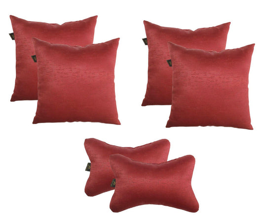 Lushomes Textured Red car pillow set: 4 cushions (12x12"), 2 neck rest pillows (6x10"). Set of 6.