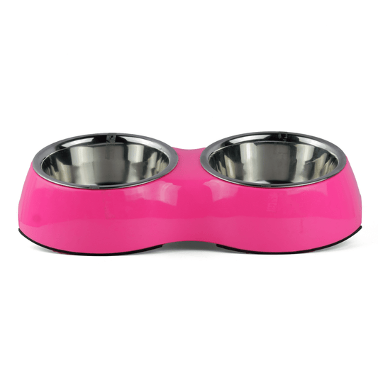 Basil Double Melamine Bowl Dinner Set for Dogs and Cats Pink