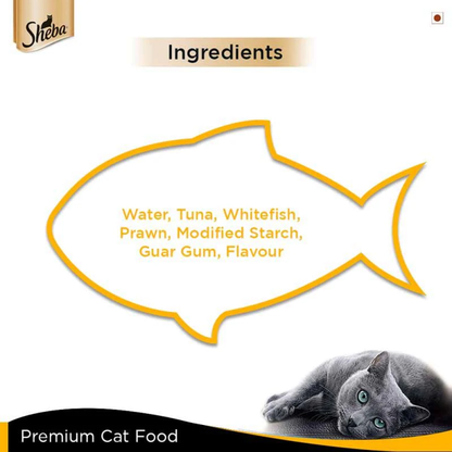 Sheba Tuna Fillet  Whole Prawns in Gravy Premium Cat Wet Food and Chicken Flavour Irresistible All Life Stage Cat Dry Food Combo