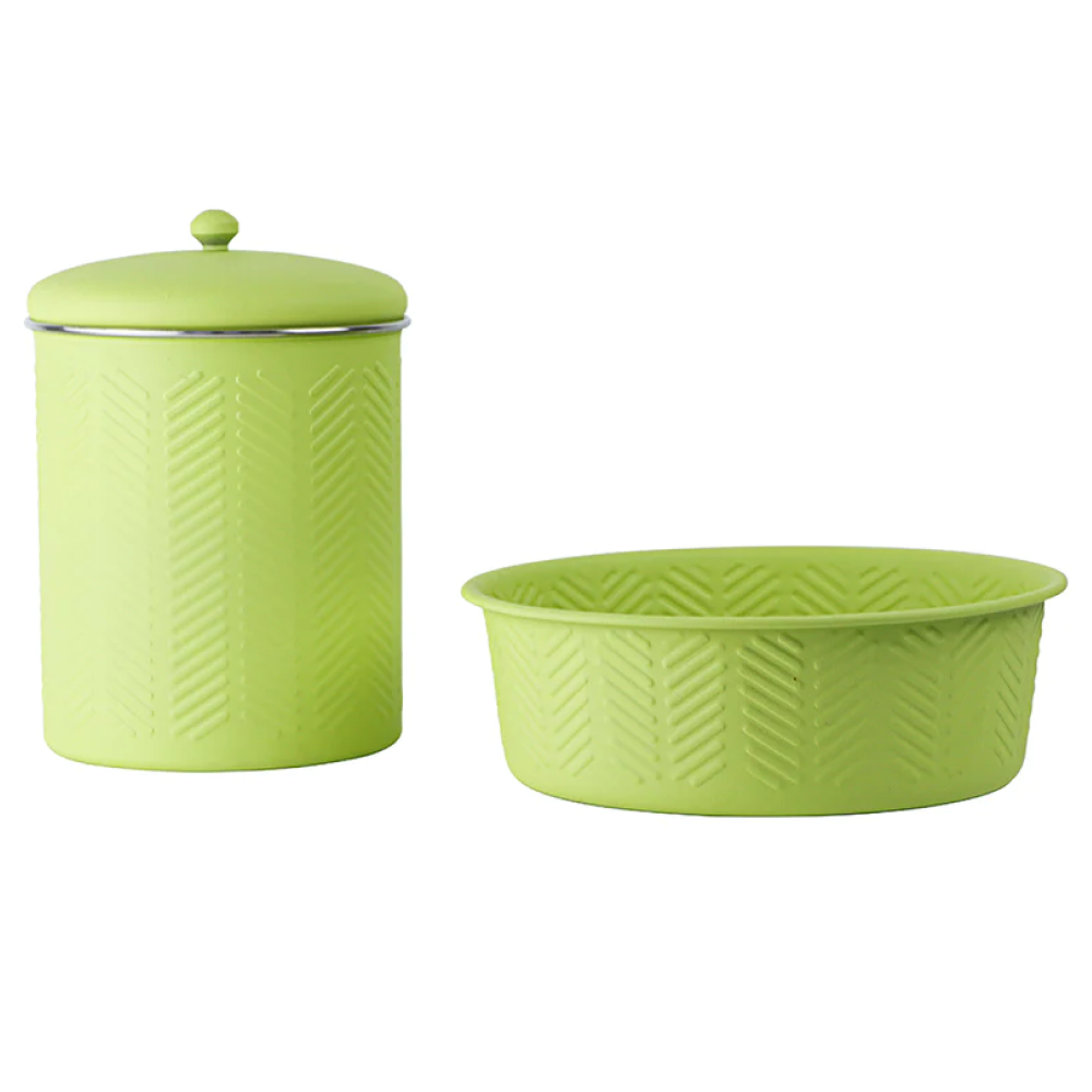 Pawpourri Chevron Emboss Treat Jar and Bowl Set for Dogs and Cats Green