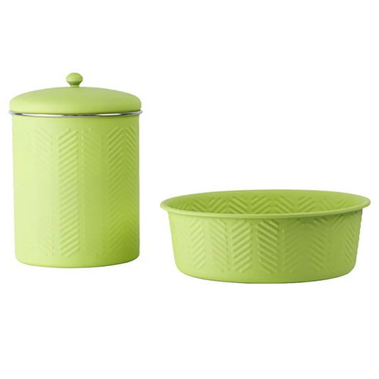 Pawpourri Chevron Emboss Treat Jar and Bowl Set for Dogs and Cats Green