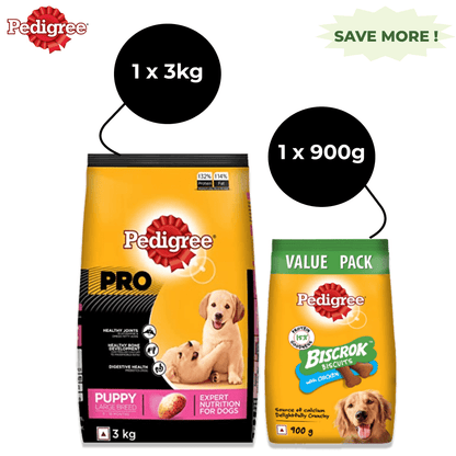 Pedigree PRO Large Breed Puppy Dry Food and Chicken Flavour Biscrok Treat Combo 3kg 900g