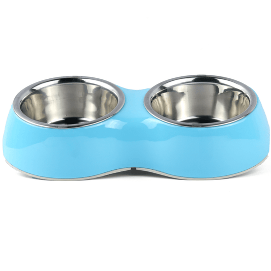 Basil Double Melamine Bowl Dinner Set for Dogs and Cats Blue