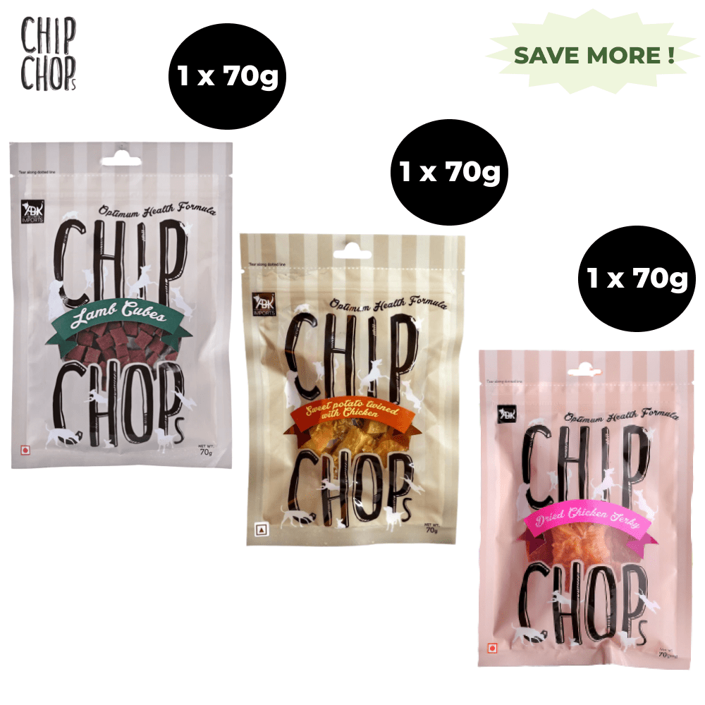 Chip Chops Sweet Potato Chicken Lamb Cubes and Sundried Chicken Jerky Dog Treats Combo 3 x 70g