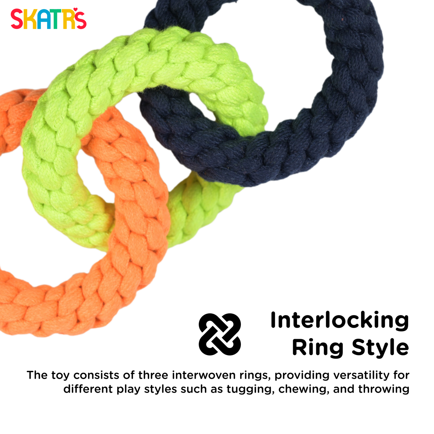 Skatrs Triple Ring Rope Chew Toy for Dogs and Cats NeonGreenBlueOrange