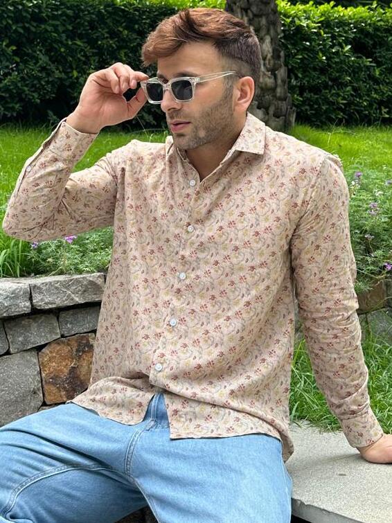 Beige Floral Linen Shirt