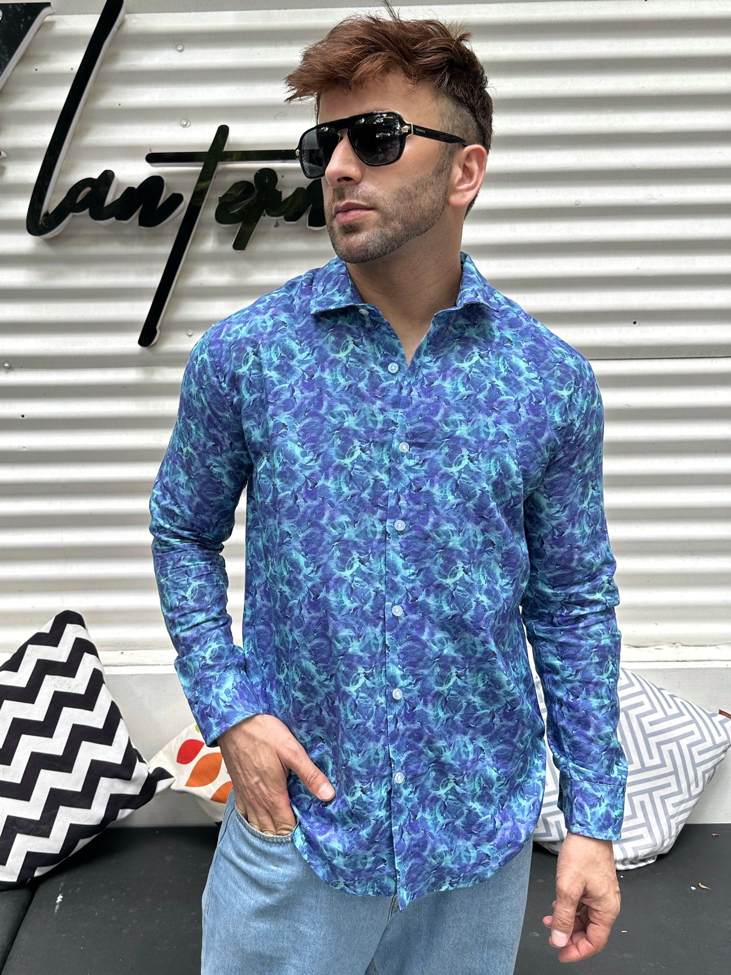 Blue Floral Linen Shirt