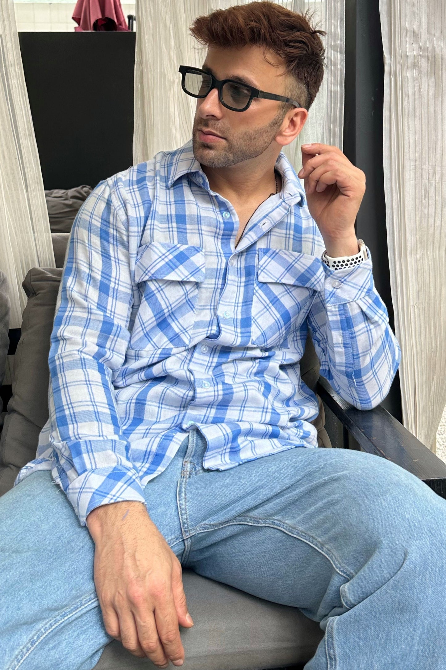 Blue Check Double Pocket Flannel Shirt